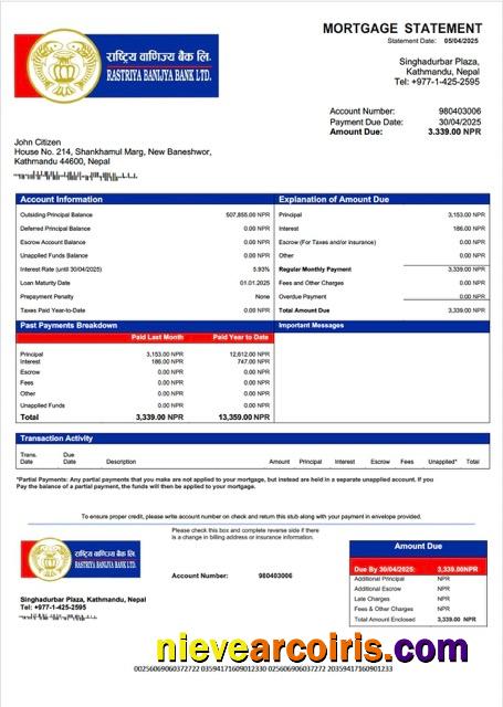 Nepal Rastriya Banijya Bank mortgage statement Word and PDF template